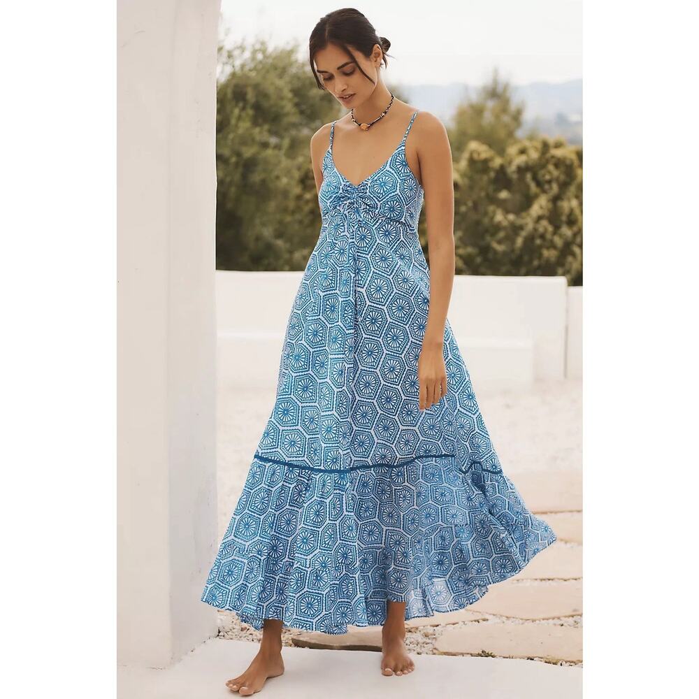 Anthropologie Ro's Garden Maxi Dress Blue Motif Tatiana Vacay Preppy Small NWT